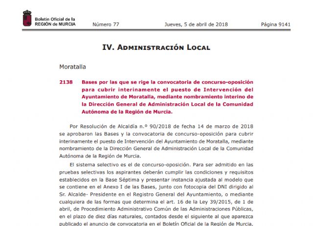 La convocatoria para la plaza de interventor promovida por el Ayuntamiento de Moratalla ha sido publicada hoy en el BORM